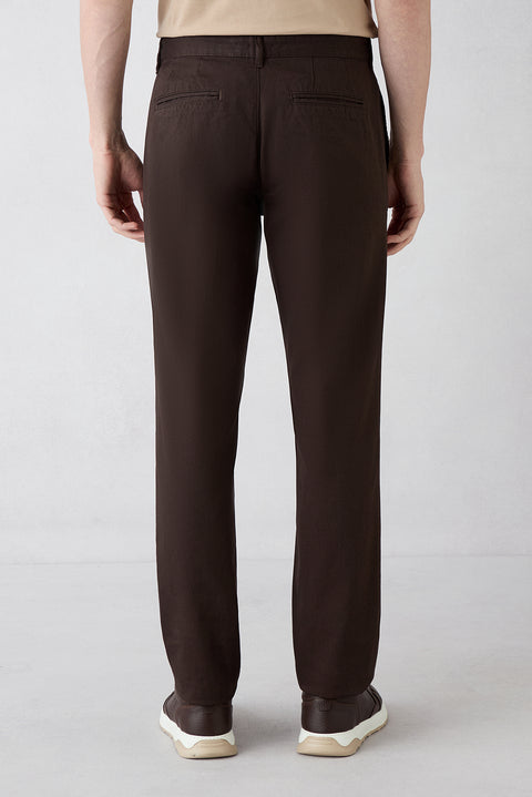 Dark Brown Regular Fit Standard Cut Patterned Side Pocket Lycra Canvas / Chino Trousers