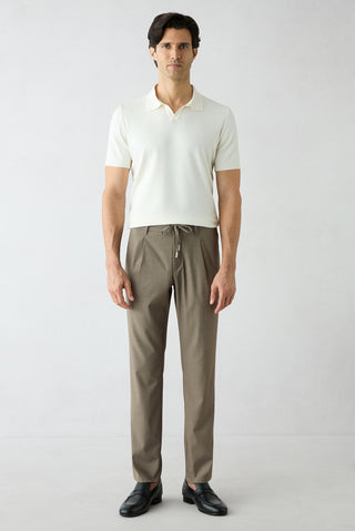 Açık Vizon Regular Straight Fit Likralı Yandan Cepli Beli İpli Pileli Pantolon