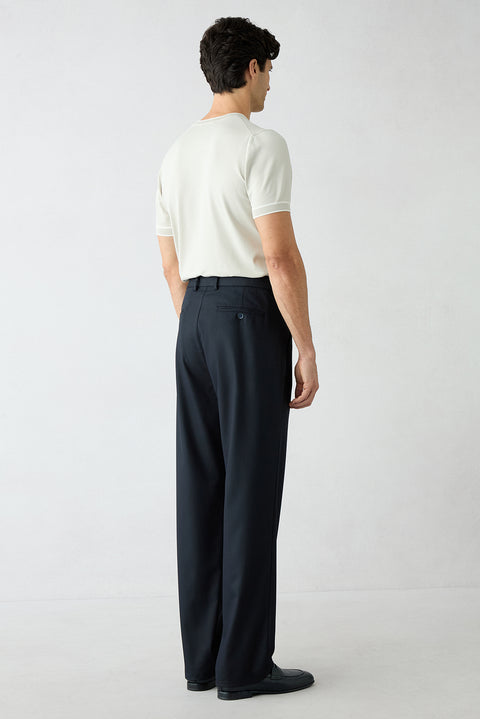 Koyu Lacivert Straight Wide Leg Yan Cepli Pileli Likralı Kanvas / Chino Pantolon