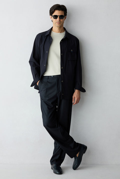 Koyu Lacivert Straight Wide Leg Yan Cepli Pileli Likralı Kanvas / Chino Pantolon