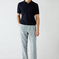 Orta Lacivert Regular Straight Fit Desenli Beli İpli Pileli Keten Karışımlı Kanvas / Chino Pantolon