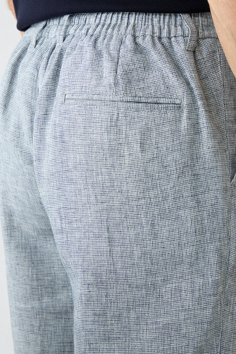 Orta Lacivert Regular Straight Fit Desenli Beli İpli Pileli Keten Karışımlı Kanvas / Chino Pantolon