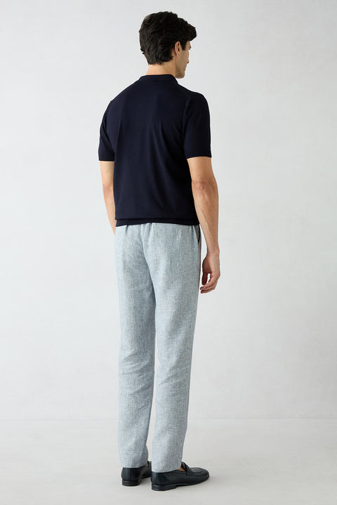 Orta Lacivert Regular Straight Fit Desenli Beli İpli Pileli Keten Karışımlı Kanvas / Chino Pantolon