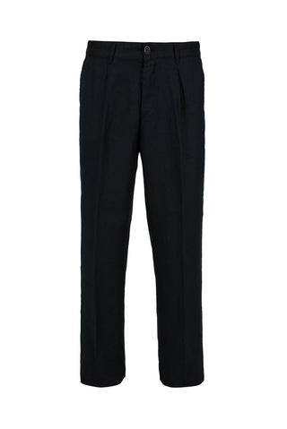 Siyah Straight Wide Leg Pileli Yan Cepli %100 Keten Pantolon