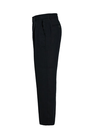 Siyah Straight Wide Leg Pileli Yan Cepli %100 Keten Pantolon