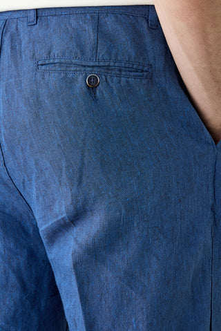 Orta Lacivert Straight Wide Leg Yan Cepli %100 Keten Pantolon