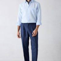 Koyu Lacivert Straight Wide Leg Pileli Yan Cepli %100 Keten Pantolon