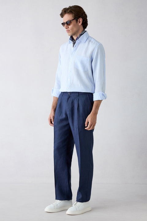 Koyu Lacivert Straight Wide Leg Pileli Yan Cepli %100 Keten Pantolon