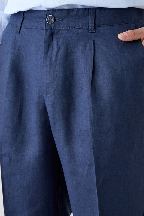 Koyu Lacivert Straight Wide Leg Pileli Yan Cepli %100 Keten Pantolon