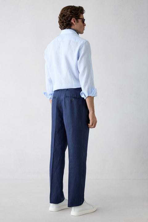 Koyu Lacivert Straight Wide Leg Pileli Yan Cepli %100 Keten Pantolon