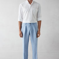 Açık Mavi Straight Wide Leg Pileli Yan Cepli %100 Keten Pantolon