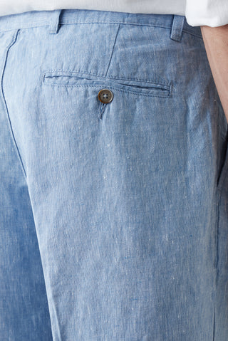 Açık Mavi Straight Wide Leg Yan Cepli %100 Keten Pantolon