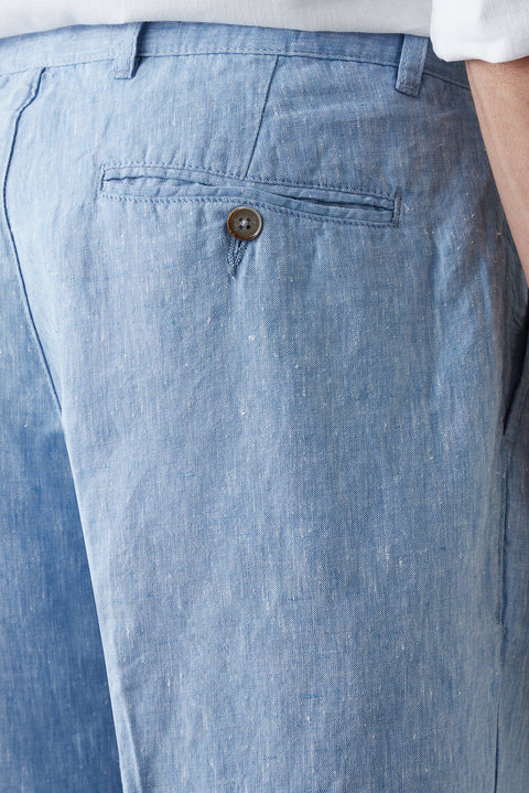 Açık Mavi Straight Wide Leg Pileli Yan Cepli %100 Keten Pantolon