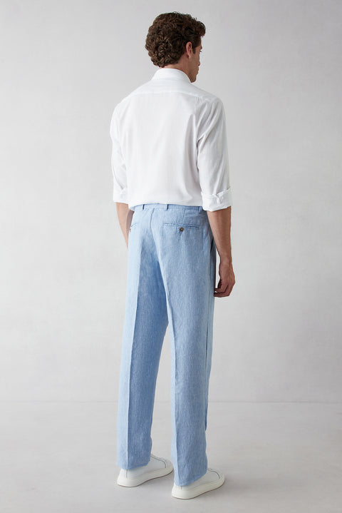 Açık Mavi Straight Wide Leg Pileli Yan Cepli %100 Keten Pantolon
