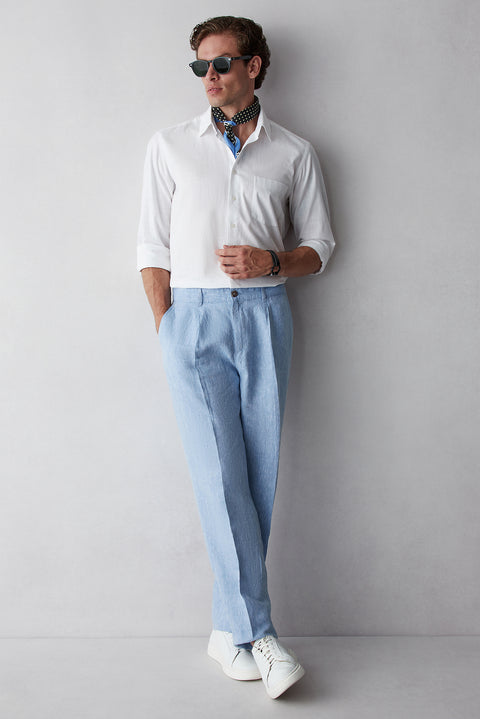 Açık Mavi Straight Wide Leg Pileli Yan Cepli %100 Keten Pantolon