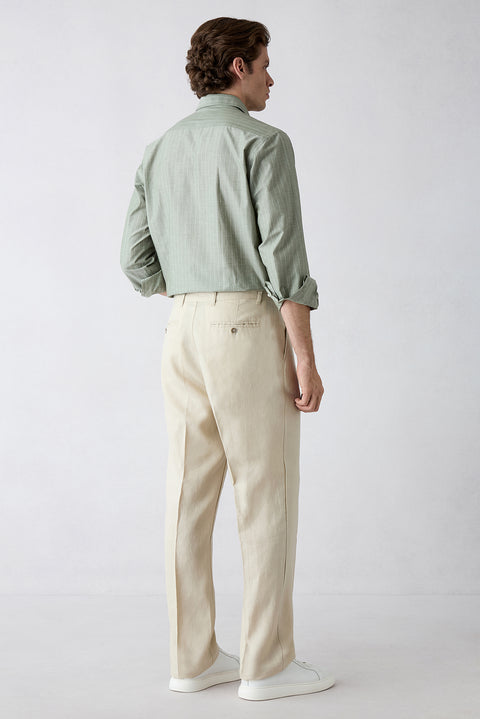Açık Bej Straight Wide Leg Pileli Yan Cepli %100 Keten Pantolon