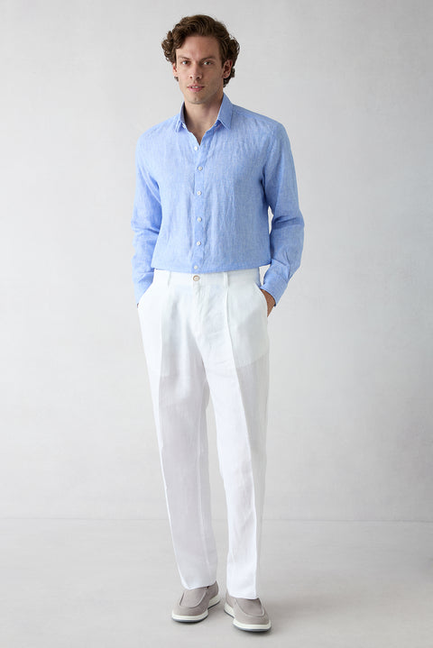 Beyaz Straight Wide Leg Pileli Yan Cepli %100 Keten Pantolon