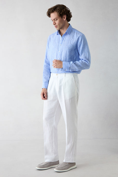 Beyaz Straight Wide Leg Pileli Yan Cepli %100 Keten Pantolon