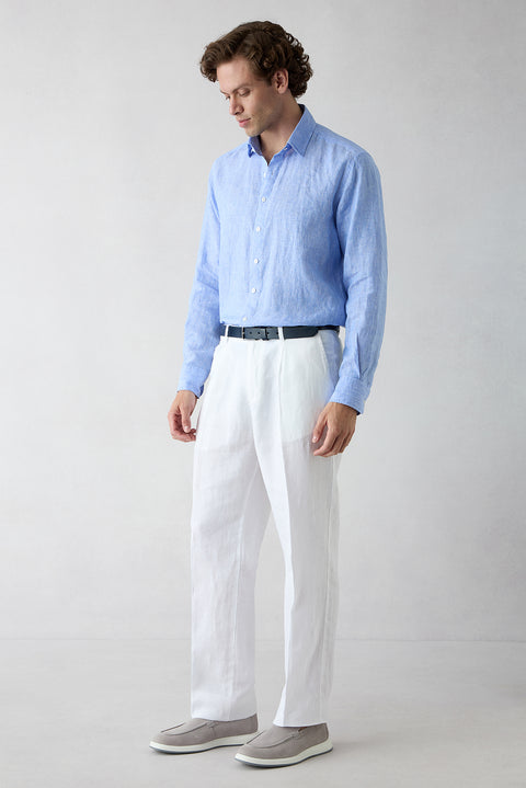 Beyaz Straight Wide Leg Pileli Yan Cepli %100 Keten Pantolon