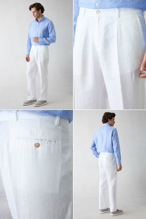Beyaz Straight Wide Leg Pileli Yan Cepli %100 Keten Pantolon