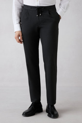Koyu Antrasit Regular Straight Fit Beli Lastikli İpli Pileli Likralı Jogger Pantolon