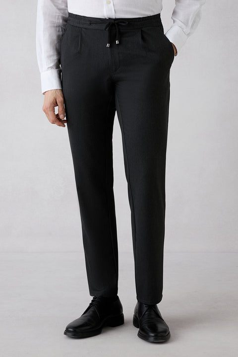 Dark Anthracite Regular Straight Fit Elasticated Waist Drawstring Pleated Stretchy Jogger Trousers