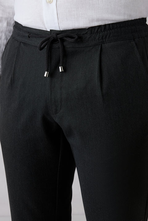 Dark Anthracite Regular Straight Fit Elasticated Waist Drawstring Pleated Stretchy Jogger Trousers