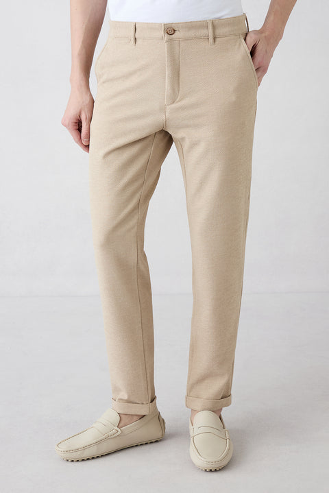Light Beige Regular Straight Fit Side Pocket Stretchy Patterned Canvas / Chino Trousers