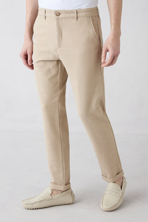 Light Beige Regular Straight Fit Side Pocket Stretchy Patterned Canvas / Chino Trousers
