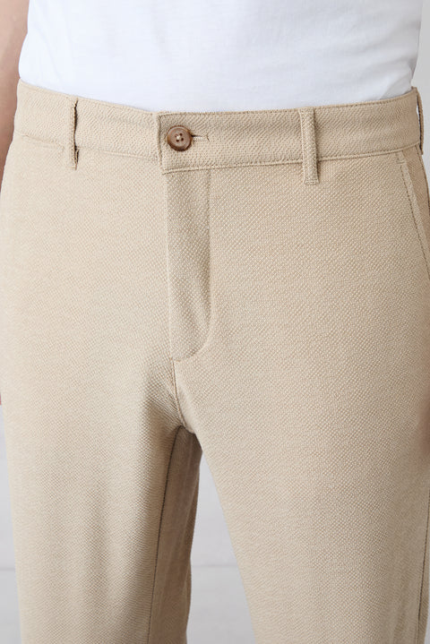 Light Beige Regular Straight Fit Side Pocket Stretchy Patterned Canvas / Chino Trousers