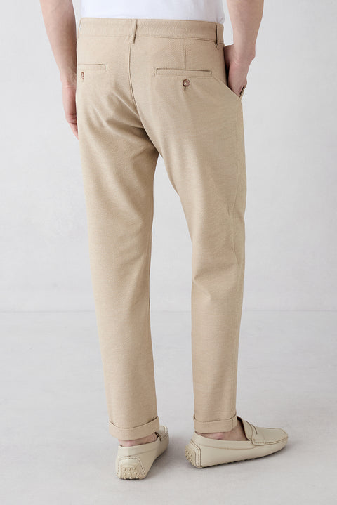 Light Beige Regular Straight Fit Side Pocket Stretchy Patterned Canvas / Chino Trousers