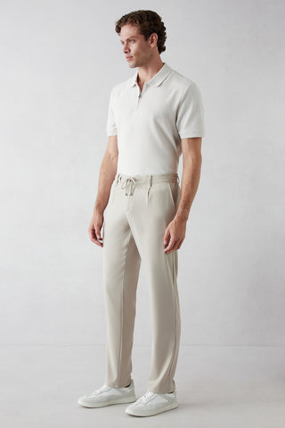 Açık Bej Regular Straight Fit Beli İpli Pileli Yan Cepli Likralı Kanvas / Chino Pantolon