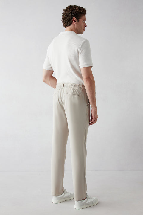 Açık Bej Regular Straight Fit Beli İpli Pileli Yan Cepli Likralı Jogger Pantolon