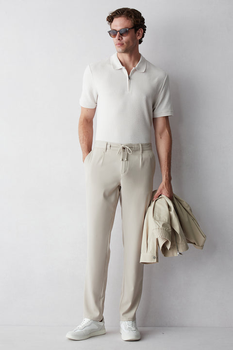 Açık Bej Regular Straight Fit Beli İpli Pileli Yan Cepli Likralı Jogger Pantolon