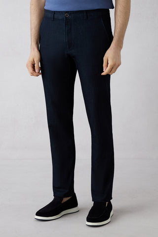 Koyu Lacivert 6 Drop Regular Fit Standart Kesim Desenli Yandan Cep Kanvas / Chino Pantolon
