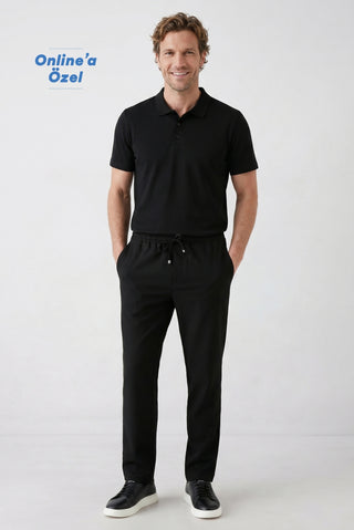 Siyah Regular Fit Standart Kesim Yandan Cep Beli Lastikli İpli Jogger Pantolon