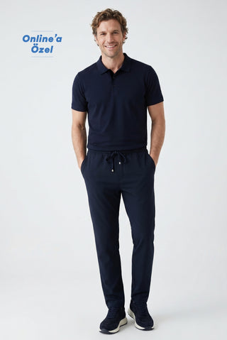 Koyu Lacivert Regular Fit Standart Kesim Yandan Cep Beli Lastikli İpli Jogger Pantolon