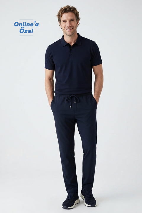 Dark Navy Regular Fit Standard Cut Side Pocket Elasticated Waist Drawstring Jogger Pants