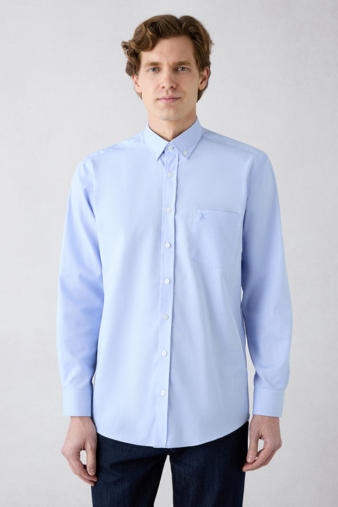 Men's Blue Long Sleeve Regular Fit Non-Iron Button-Down Collared Pocket Embroidered Shirt
