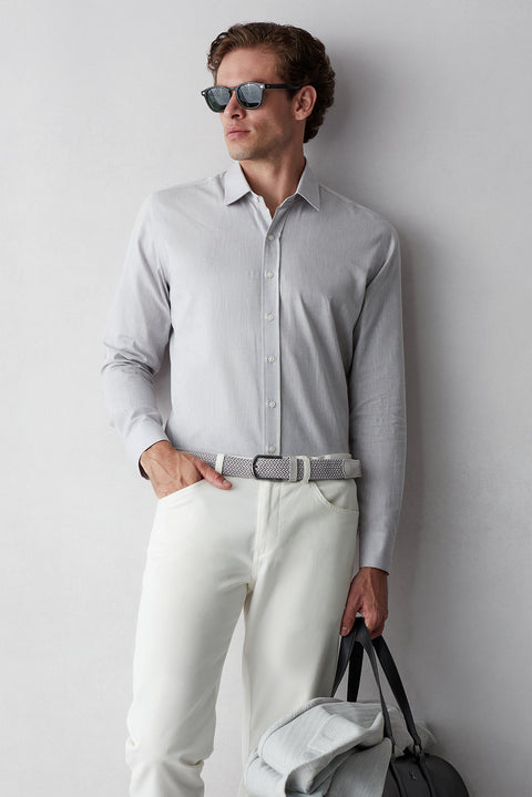 Orta Gri Uzun Kol Slim Fit Desenli %100 Pamuk Gömlek