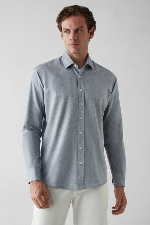 Koyu Lacivert Uzun Kol Slim Fit Desenli %100 Pamuk Gömlek