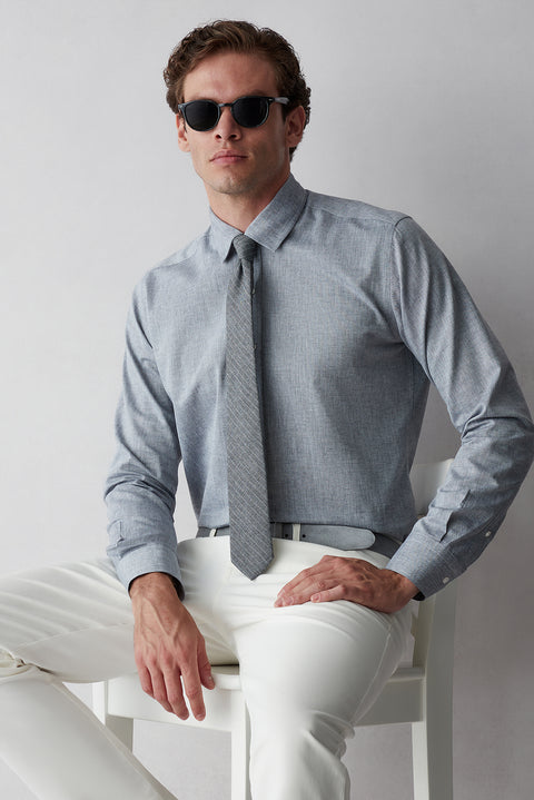Koyu Lacivert Uzun Kol Slim Fit Desenli %100 Pamuk Gömlek