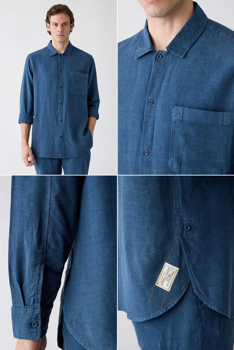 Koyu Lacivert Uzun Kol Regular Fit Cepli Çizgili Keten Karışımlı Denim Gömlek