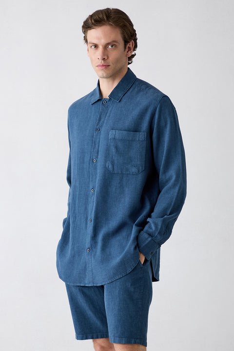 Koyu Lacivert Uzun Kol Regular Fit Cepli Çizgili Keten Karışımlı Denim Gömlek
