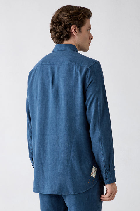 Koyu Lacivert Uzun Kol Regular Fit Cepli Çizgili Keten Karışımlı Denim Gömlek