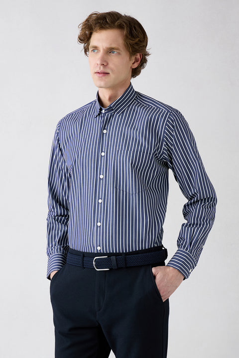 Dark Navy Long Sleeve Regular Fit Classic Collar Striped Pocket Cotton Shirt