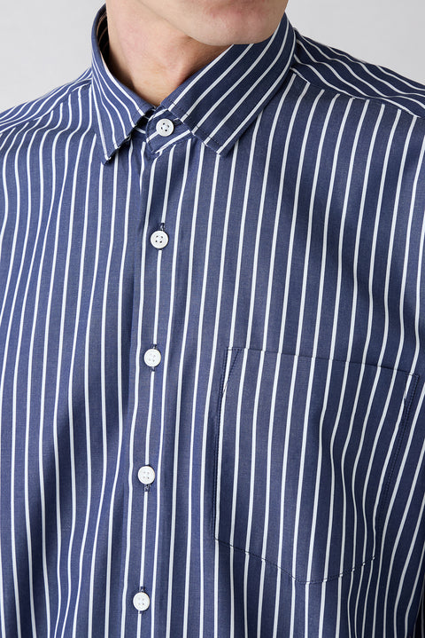 Dark Navy Long Sleeve Regular Fit Classic Collar Striped Pocket Cotton Shirt