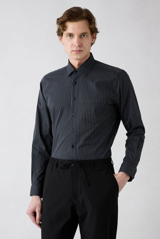 Siyah Uzun Kol Slim Fit Çizgili Gömlek