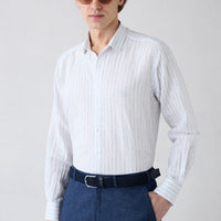 Mid Navy Long Sleeve Regular Fit Striped Cotton Linen Breathable Shirt