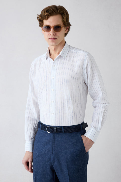Mid Navy Long Sleeve Regular Fit Striped Cotton Linen Breathable Shirt